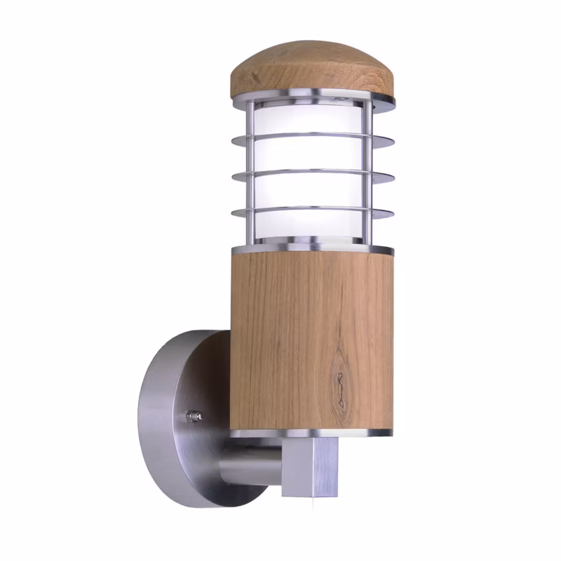 Kinkiet ścienny zewnętrzny Garden Zone Poole drewno tekowe-stal nierdzewna 1 x E27 x 40W IP44 wym: 28 x 10,2 x 14 cm – 1 szt.