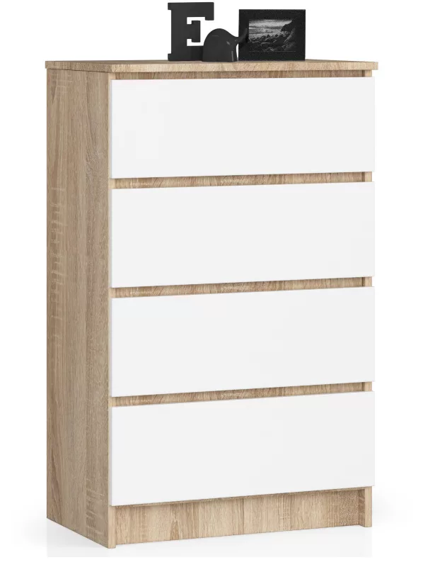 Komoda Akord K60 Dąb Sonoma 60 cm 4 szuflady kolor Biały mat 60x40x99 cm 1 szt.