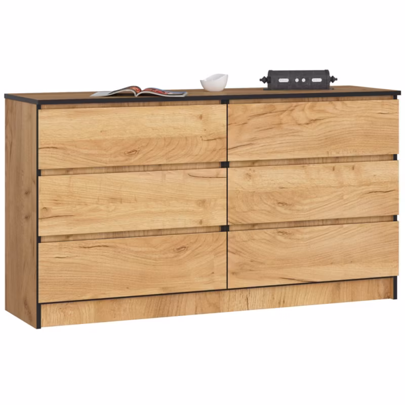 Komoda Akord K140 Dąb Craft 138 cm 6 szuflad kolor Dąb Craft mat 138x40x77 cm 1 szt.