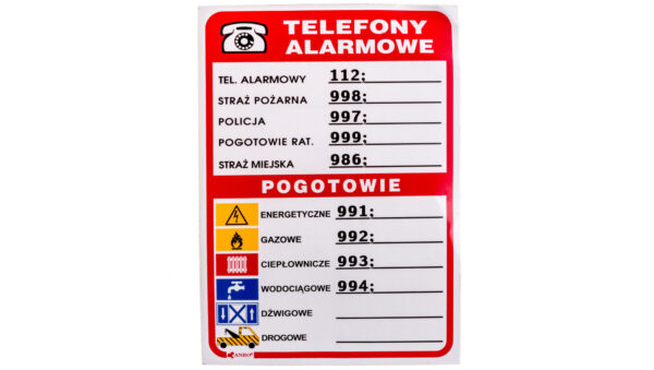 Samoprzylepna tabliczka ostrzegawcza /Telefony alarmowe 210×150/ 93/210X150/F