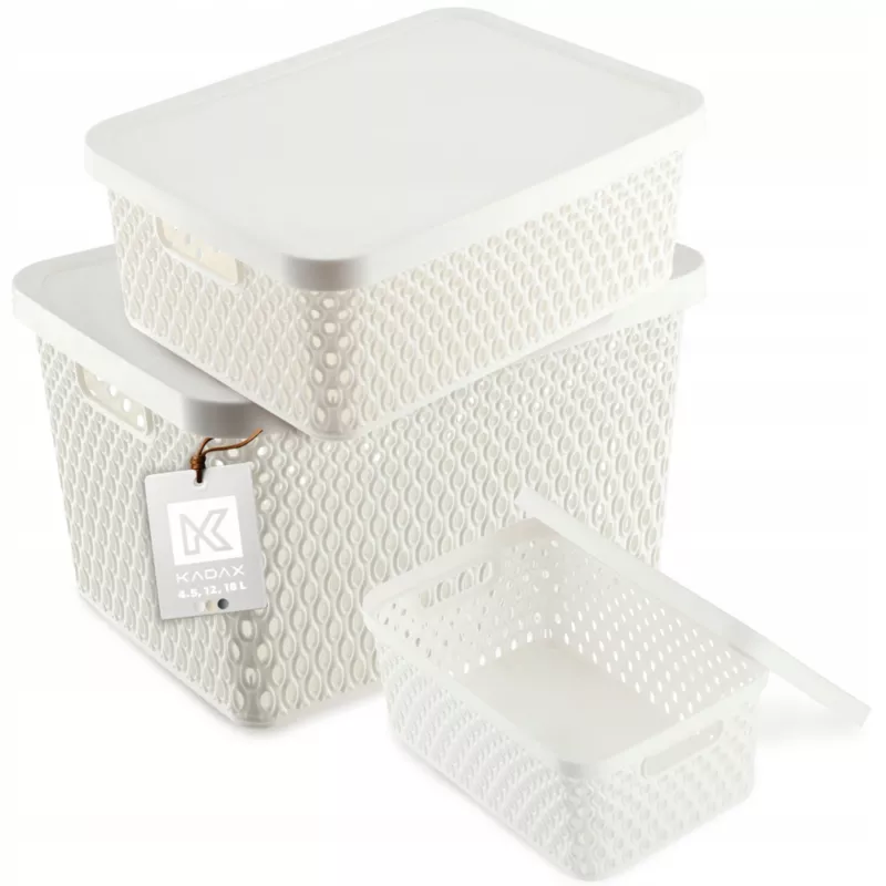 Koszyk KADAX Pudełko Z Pokrywą Pojemnik Organizer Zestaw 4,5L+12L+18L Biały 3 szt.