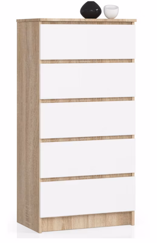 Komoda Akord K60 Dąb Sonoma 60 cm 5 szuflad kolor Biały mat 60x40x121 cm 1 szt.