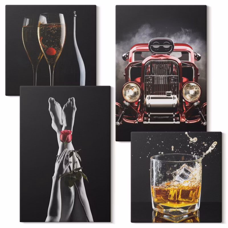 Komplet Obrazów Na Płótnie Wallfluent Kobiece nogi róża auto whisky 4 szt.