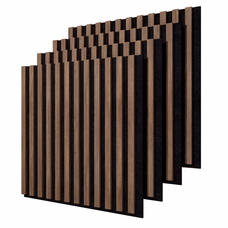 Lamele ścienne na czarnym filcu Stegu, orzech Esotica panele akustyczne 60×60,5cm 4 szt.