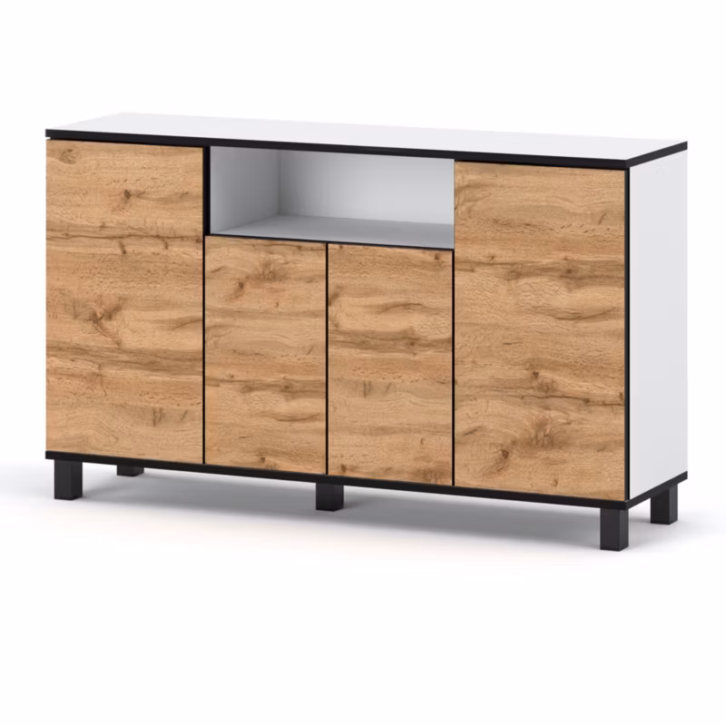 Komoda Hurtownia-Mebli 4 Drzwi Bruno 140cm Biały Mat Dąb Wotan 140x35x80 cm 1szt.