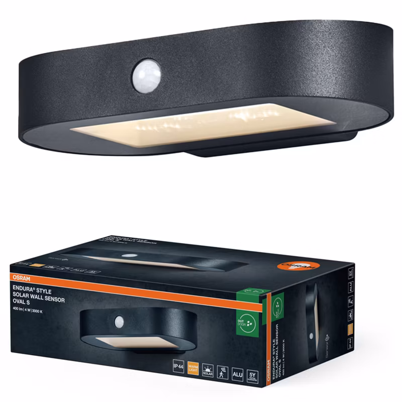 Kinkiet Solarny Endura Osram Lampa LED z Czujnikiem Ruchu i Zmierzchu 4W 380lm 3000K Czarny IP44 1 szt.