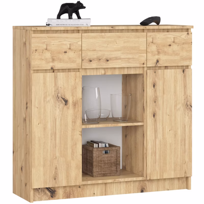 Komoda AKORD K100 kolor Dąb Artisan mat 101 cm 2 drzwi 3 szuflady 4 półki 101x35x98 cm 1 szt.
