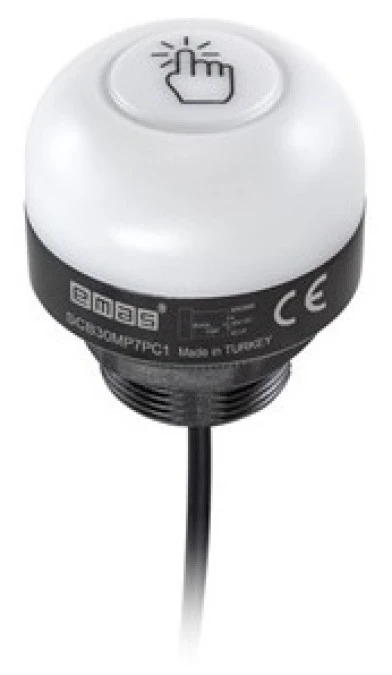Przycisk dotykowy pojemnościowy, 10‑30V DC, 30 mm, przewód 1 m, kształt kopułka”, NPN‑NO, stabilny