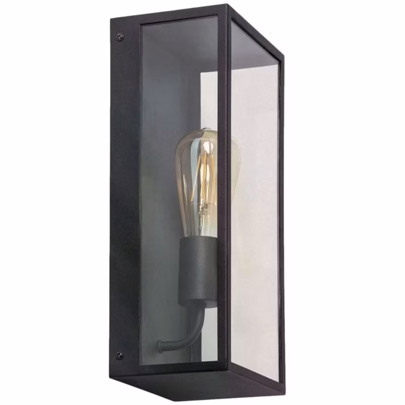 Kinkiet ścienny zewnętrzny Abruzzo Leonardo czarno-przezroczysty 1 x E27 x 40W IP44 wym: 35 x 10 x 10 cm – 1 szt.