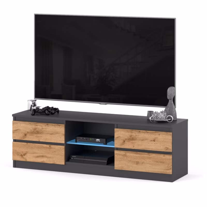 Komoda RTV Hurtownia-Mebli Szuflady 4 RTV Quattro 138 138cm Szary Mat Dąb Wotan 138x35x45 cm 1szt.