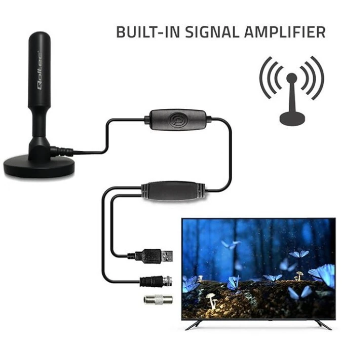 Qoltec Wewnętrzna Antena TV DVB‑T2 ze wzmacniaczem sygnału i magnetyczną podstawą 4K 28dBi 5m