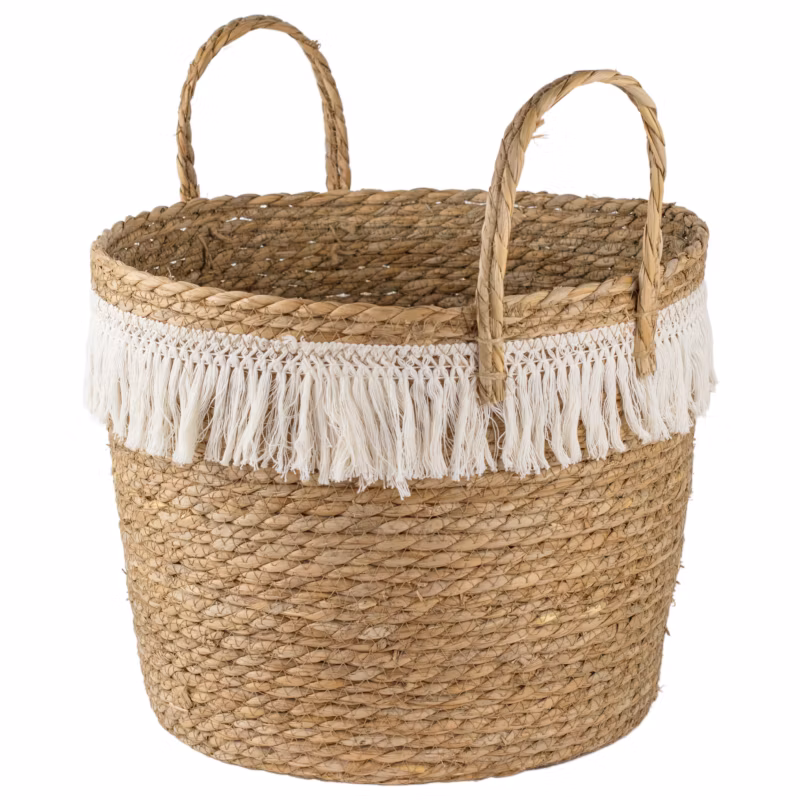 Kosz pleciony z białymi frędzlami L Direct Home and Garden 32×36 cm 1 szt