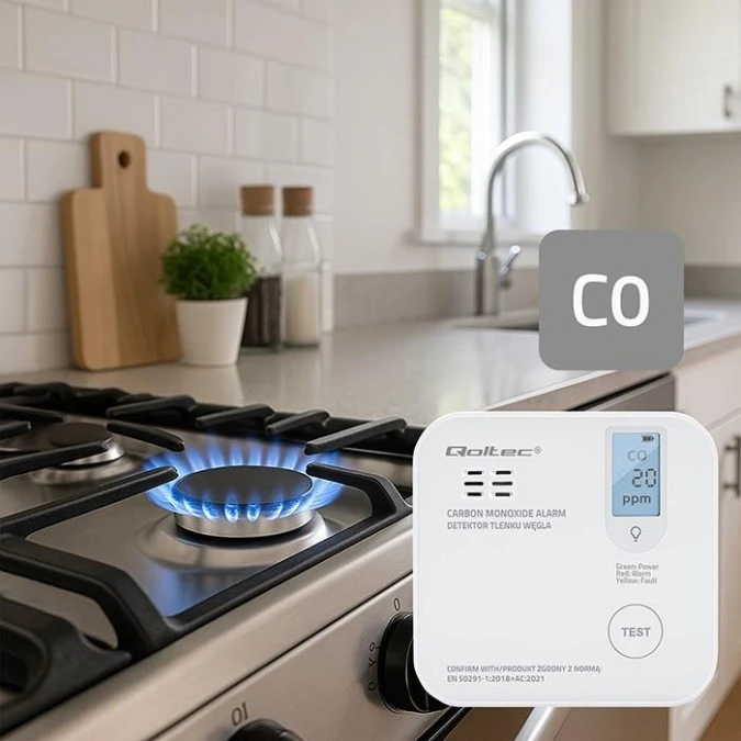 Qoltec Certyfikowany bezprzewodowy Czujnik tlenku węgla (czadu) z baterią detektor CO żywotność sensora 10 lat alarm 85dB LED