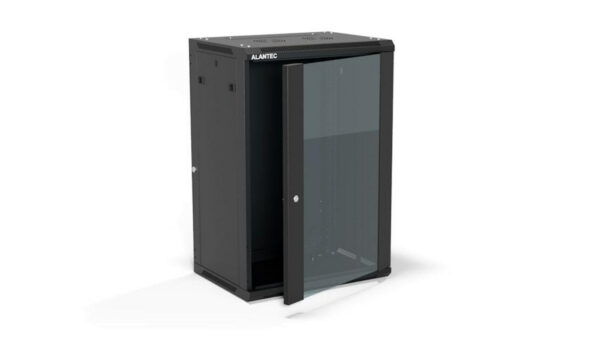 Szafa rack wisząca 19 cali 18U 600×450, drzwi szklane, tył i osłony boczne demontowalne, FLAT PACK kolor czarny ALANTEC