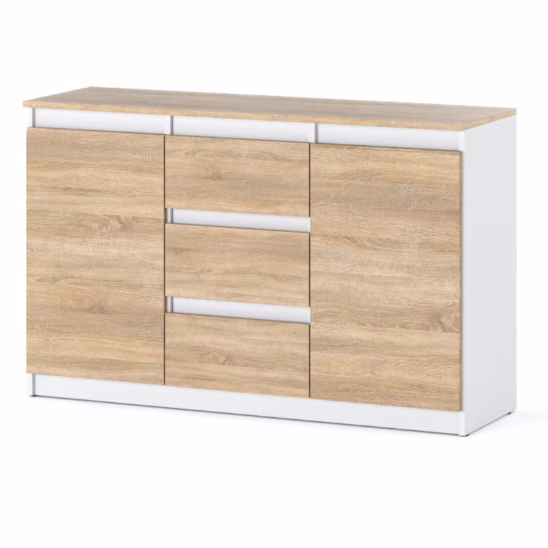 Komoda Hurtownia-Mebli Szuflady 3 Agnes Plus 2D3SZ 120cm Biały Mat Dąb Sonoma 120x35x75 cm 1szt.