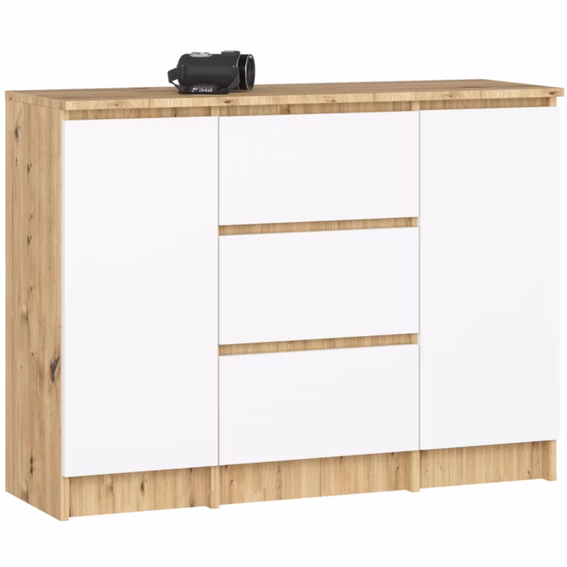 Komoda AKORD K100 kolor Dąb Artisan, Biały mat 101 cm 2 drzwi 3 szuflady 4 półki 101x35x76 cm 1 szt.