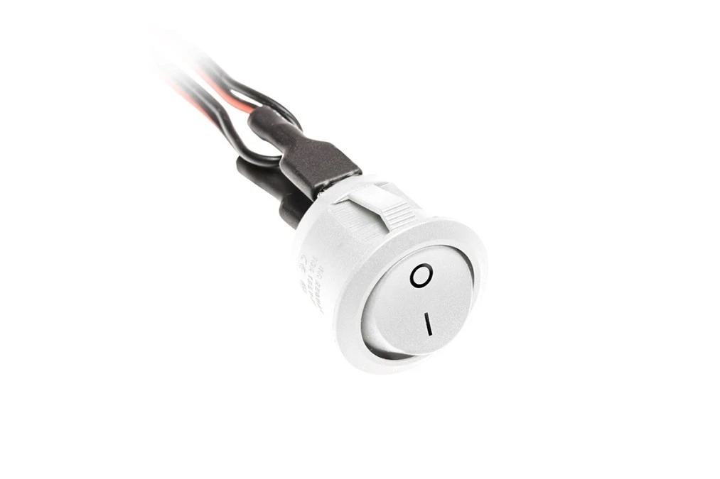 Przełącznik kołyskowy biały 12V 3A z przewodami 0,1m i konektorami mini amp męski i żeński