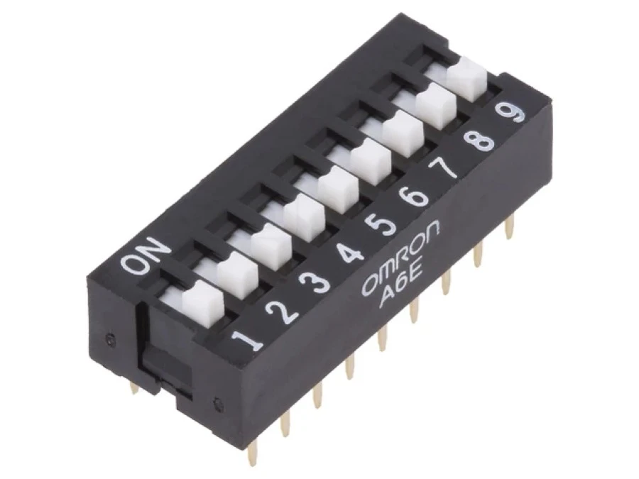 Przełącznik DIP‑SWITCH Ilość sekcji 9 ON‑OFF 0,025A/24VDC A6E‑9104‑N