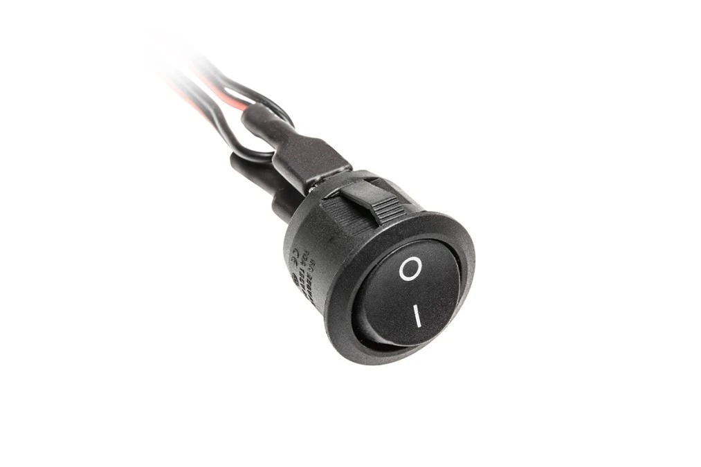 Przełącznik kołyskowy czarny 12V 3A z przewodami 0,1m i konektorami mini amp męski i żeński