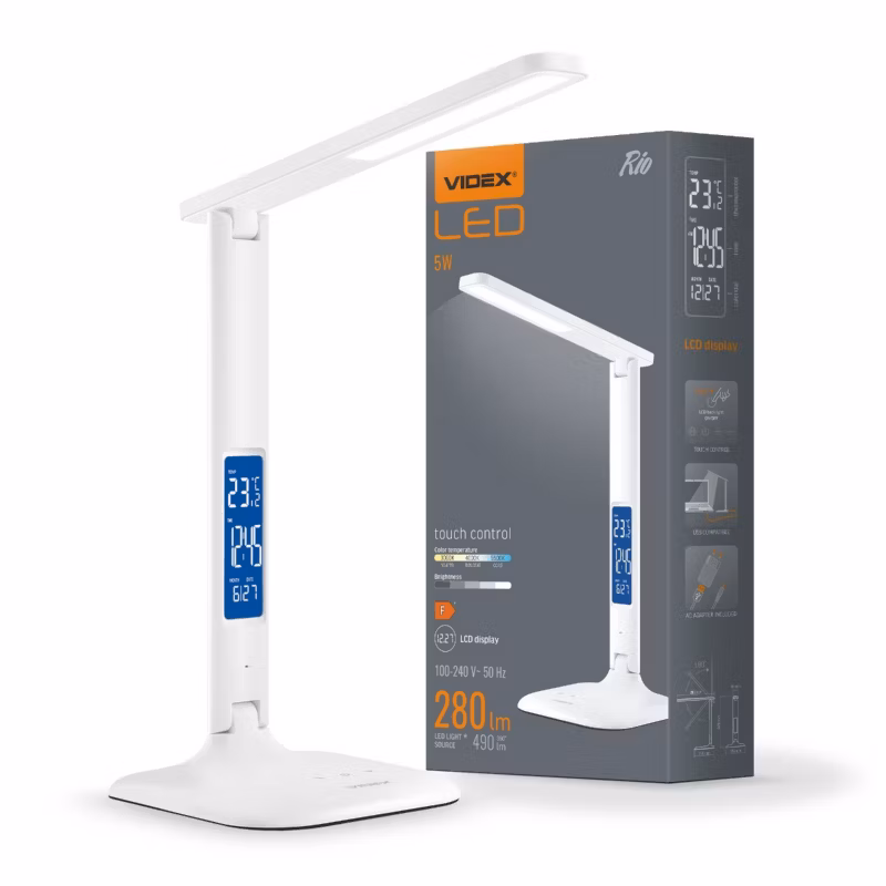 Lampa biurkowa Videx biała LED 5W 3000K / 4000K / 6500K 490lm IP20 wym: 32.9 x 15 x 15 cm tworzywo sztuczne – 1 szt.