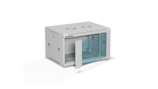Szafa rack wisząca 19 cali 6U 600×450, drzwi szklane, tył i osłony boczne demontowalne, FLAT PACK kolor szary ALANTEC