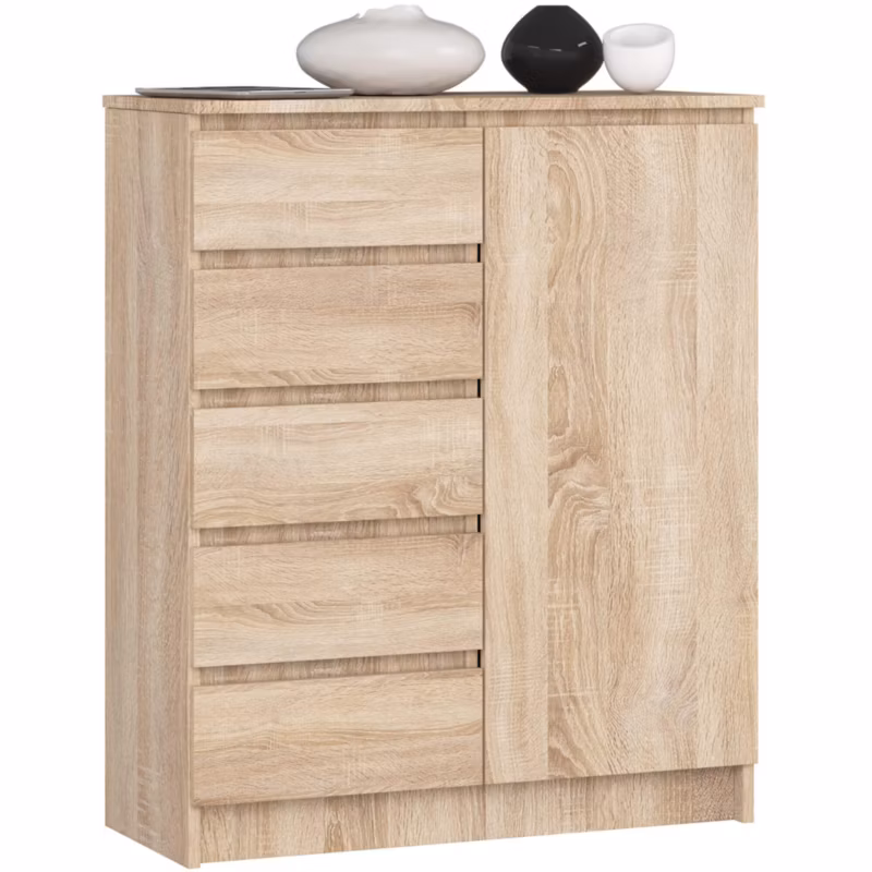 Komoda Akord K80 Dąb Sonoma 80 cm 1 drzwi 5 szuflad kolor Dąb Sonoma mat 3 półki 80x35x97 cm 1 szt.
