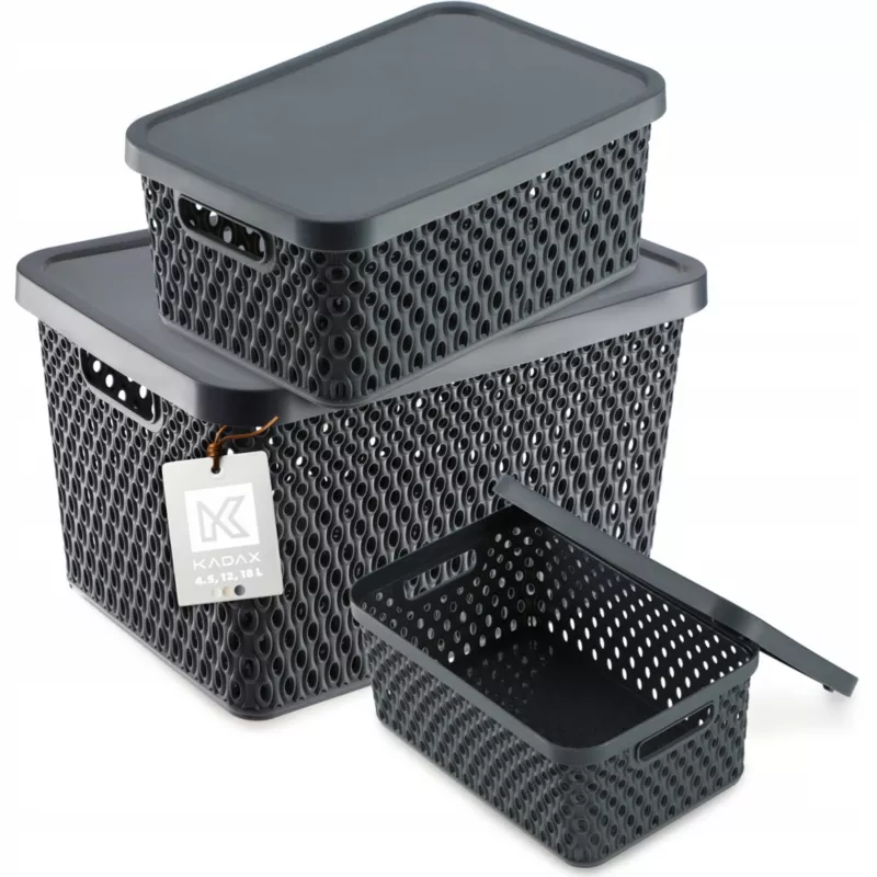 Koszyk KADAX Pudełko Z Pokrywą Pojemnik Organizer Zestaw 4,5L+12L+18L Szary 3 szt.