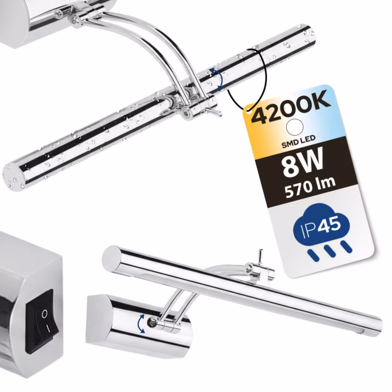 Kinkiet HOROZ łazienkowy nad lustro pokojowy LED 8W, 570lm, 4200K, IP45, chrom, ANKA-8 1szt.