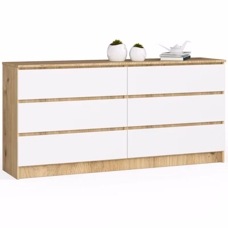 Komoda Akord K160 Dąb Artisan 160 cm 6 szuflad kolor Biały mat 160x40x77 cm 1 szt.