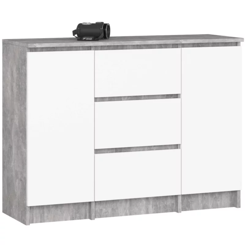 Komoda AKORD K100 kolor Beton, Biały mat 101 cm 2 drzwi 3 szuflady 4 półki 101x35x76 cm 1 szt.