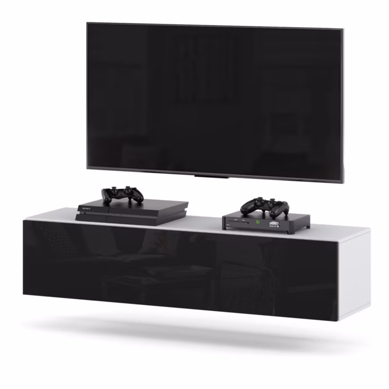 Komoda RTV Hurtownia-Mebli 1 Drzwi RTV Hugo 140cm Biały Mat Czarny Połysk 140x35x40 cm 1szt.