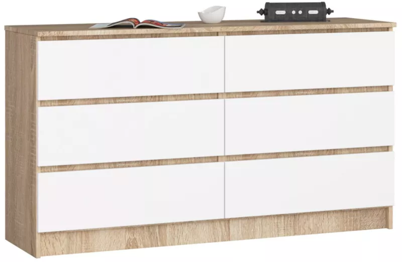 Komoda Akord K140 Dąb Sonoma 138 cm 6 szuflad kolor Biały mat 138x40x77 cm 1 szt.