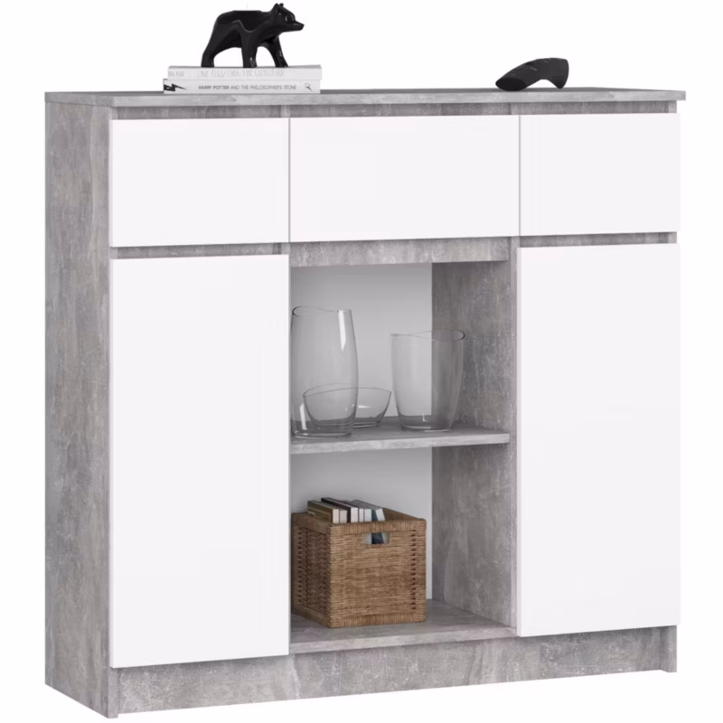 Komoda AKORD K100 kolor Beton, Biały mat 101 cm 2 drzwi 3 szuflady 4 półki 101x35x98 cm 1 szt.